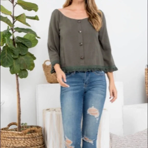 Olive Button Front Top - Picture 2 of 5